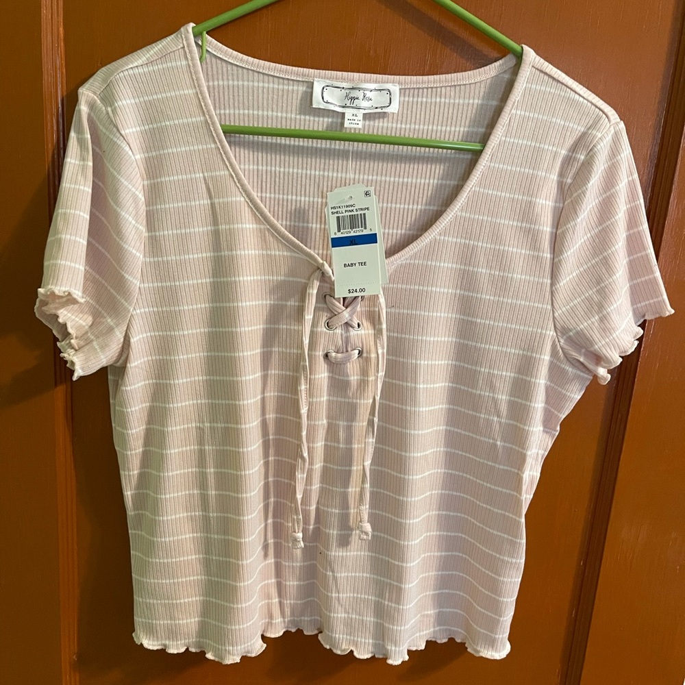 NWOT - Pink lace up V Neck